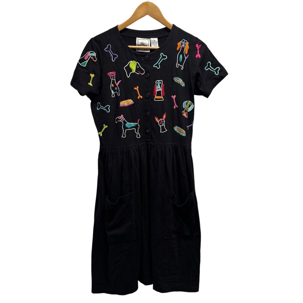 Michael Simon Vtg Women's Size Small Button Front Embroidered Dog Maxi Dress euc